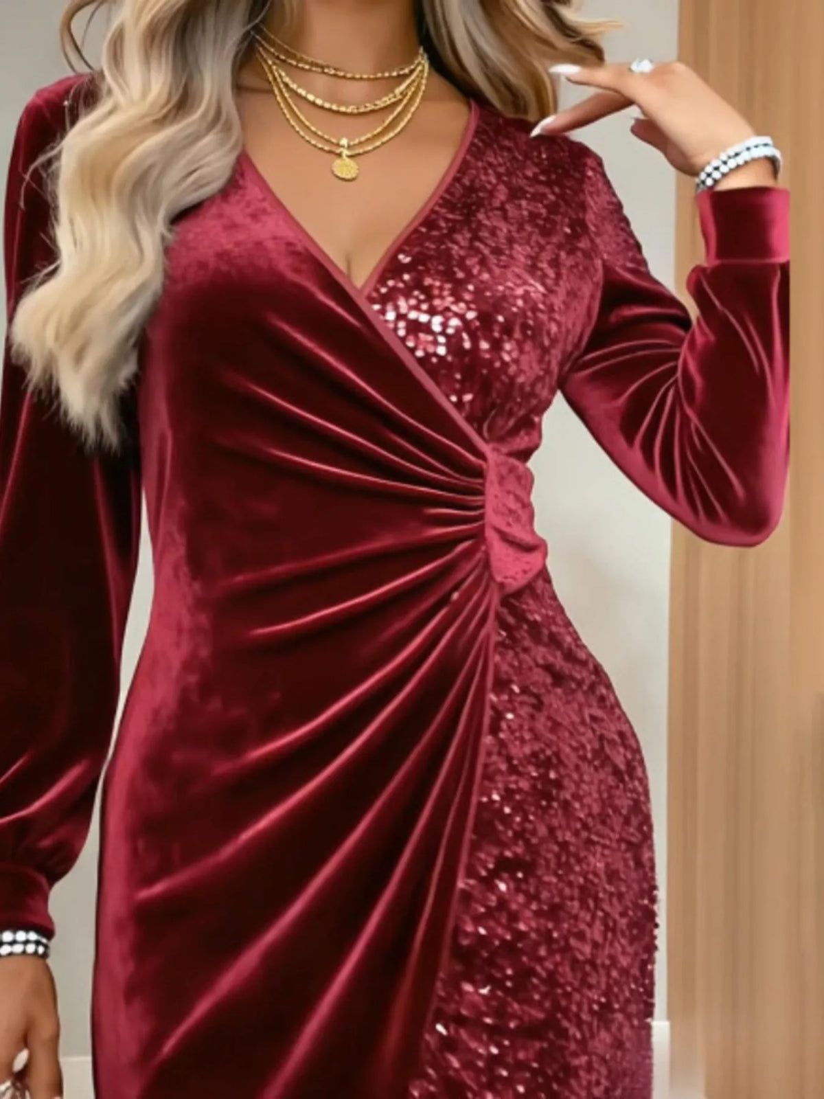 Velvet Sequin Long Sleeve Wrap Dress - Lilixa.store