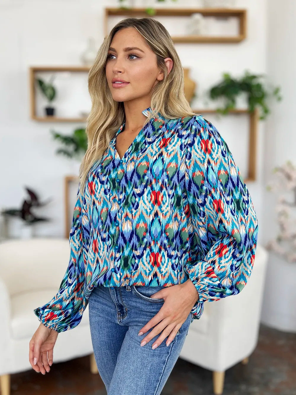 Double Take Full Size Printed Balloon Sleeve Blouse - Lilixa.store