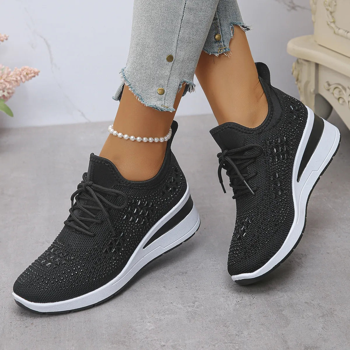 Breathable Mesh Rhinestone Wedge Athletic Sneakers - Lilixa.store