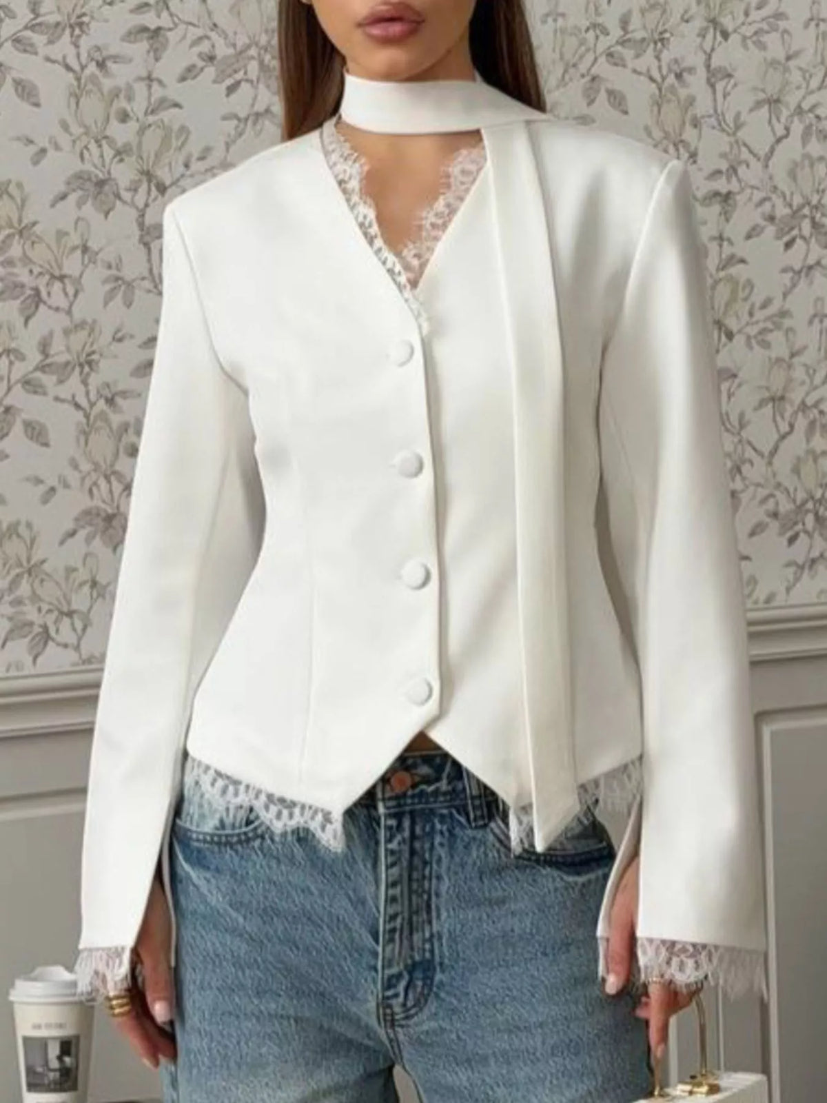 Lace Trim Button Up Blazer - Lilixa.store