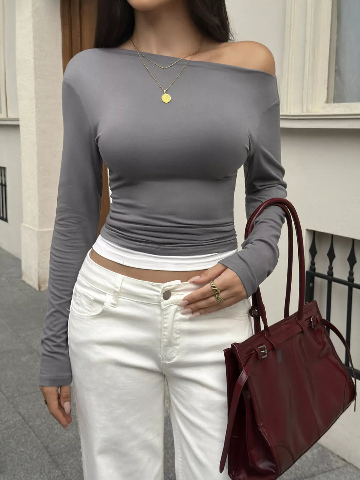 One Shoulder Slim Fit Long Sleeve T-Shirt - Lilixa.store