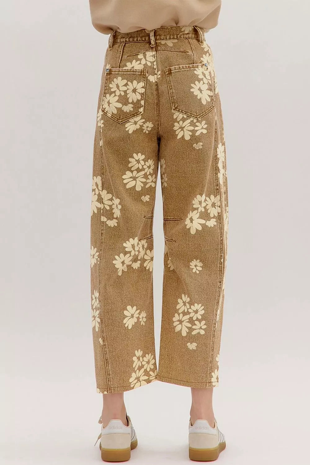 Floral Print Metal Button Pleated Straight Leg Jeans - Lilixa.store
