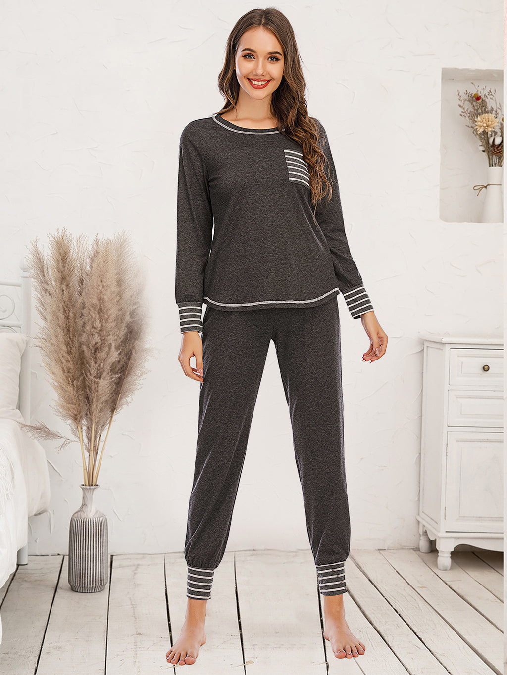 Round Neck Top and Pants Lounge Set - Lilixa.store