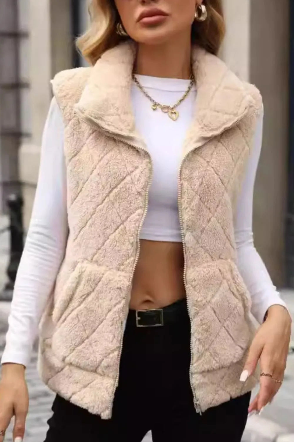 Fuzzy Plaid Texture Zip Up Vest Coat in Tan