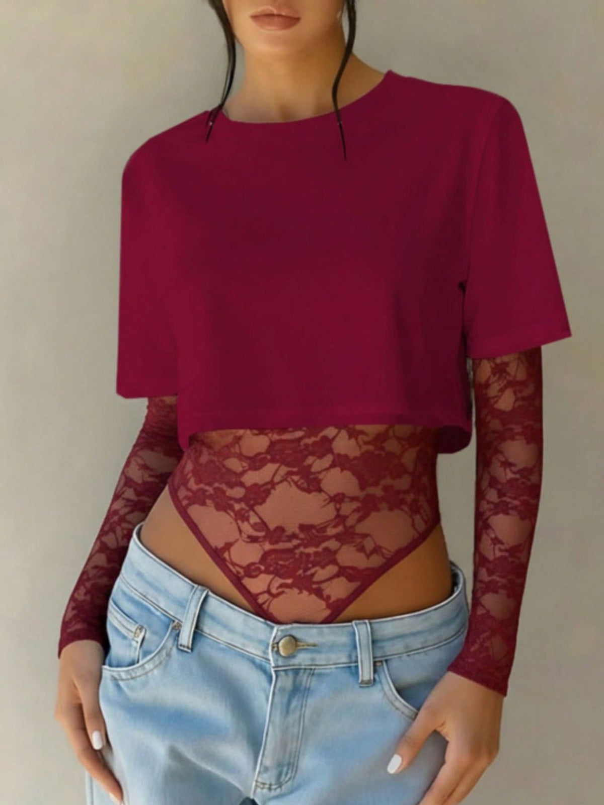 Lace Patchwork Round Neck Bodysuit - Lilixa.store