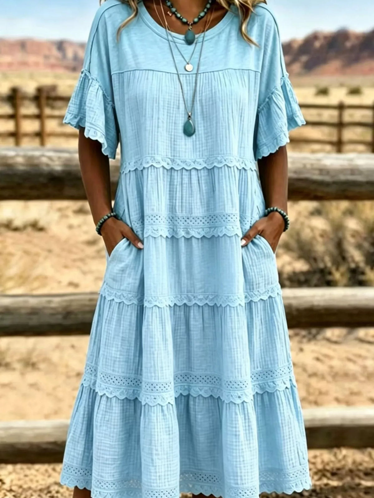 Full Size Tiered Ruffle Sleeve Midi Dress with Pockets Plus Size - Lilixa.store