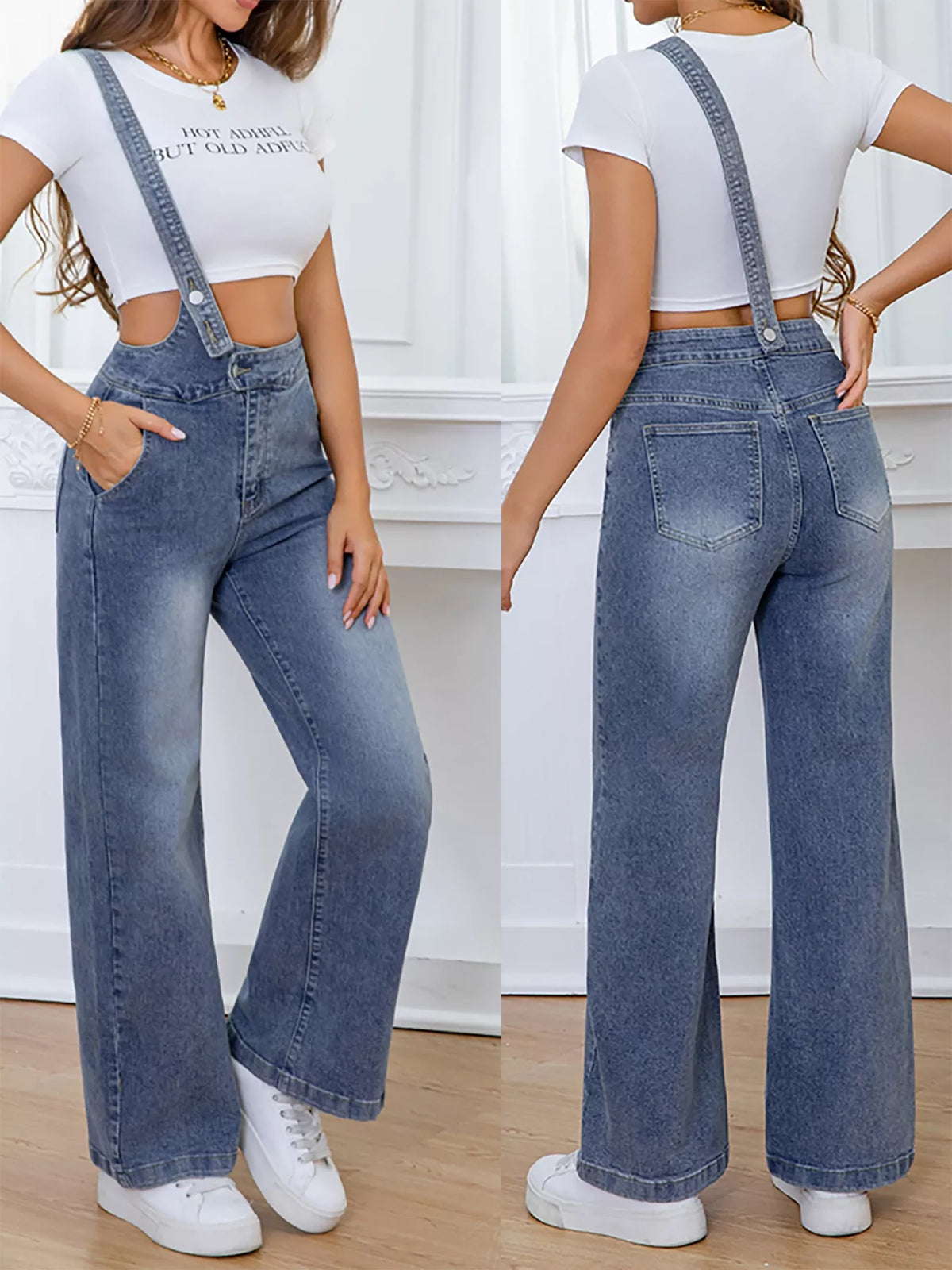 Adjustable Strap Washed Wide-Leg Denim Overalls - Lilixa.store