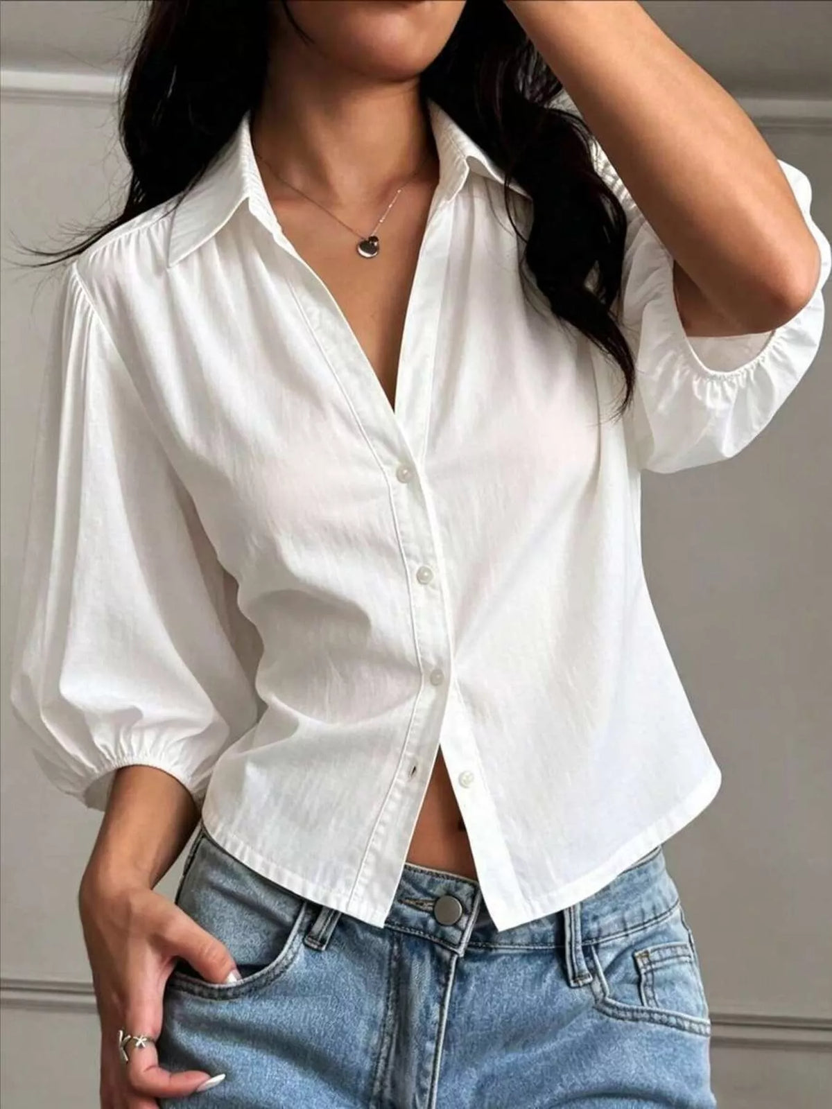 Button-Down Shirt with Puff Sleeves in White