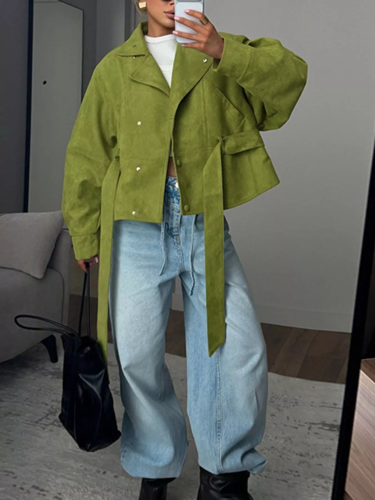 Tie Waist Long Sleeve Cropped Jacket in Matcha Green, view 5