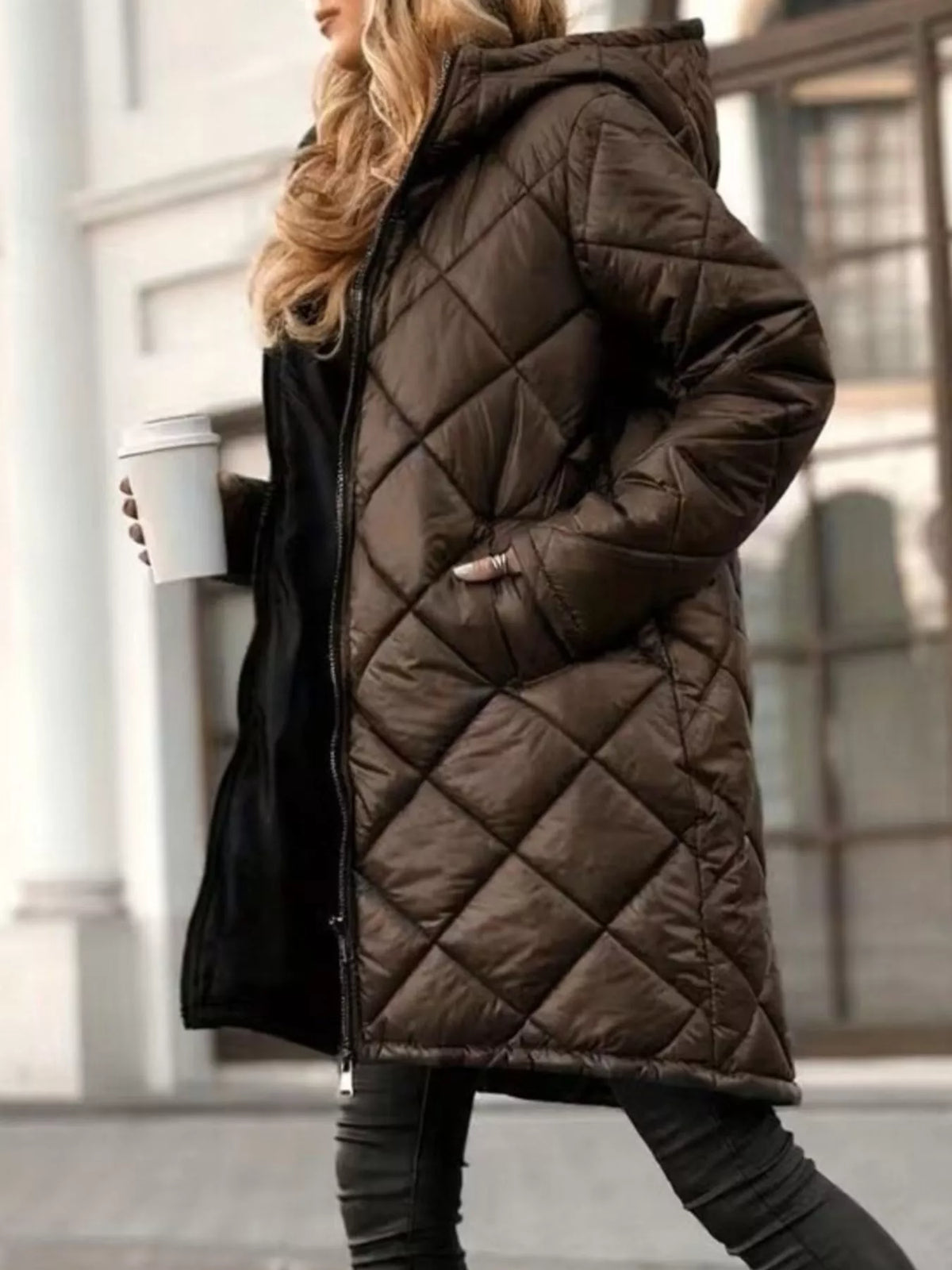 Quilted Longline Puffer Outerwear with Hood in Dark Brown, view 2