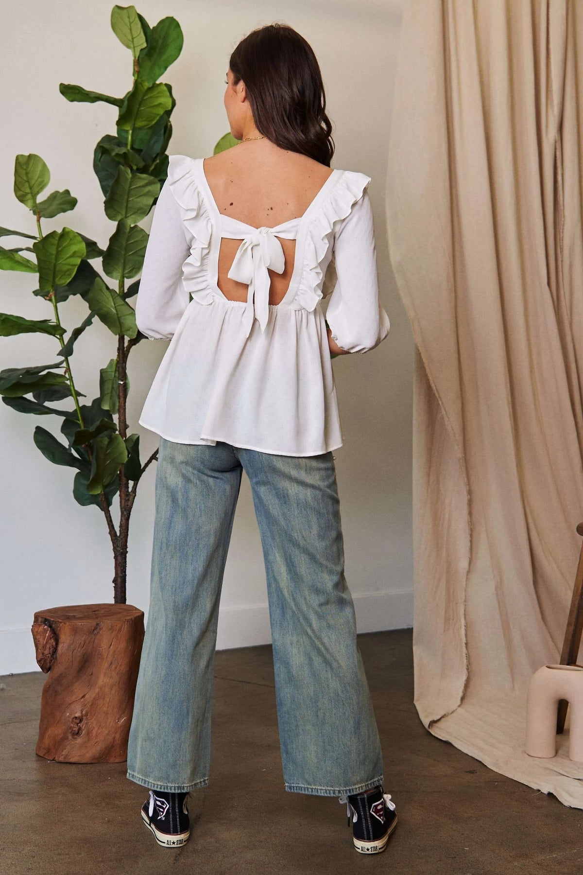 Davi & Dani Texture Tie Back Floral Embroidery Frill Blouse - Lilixa.store