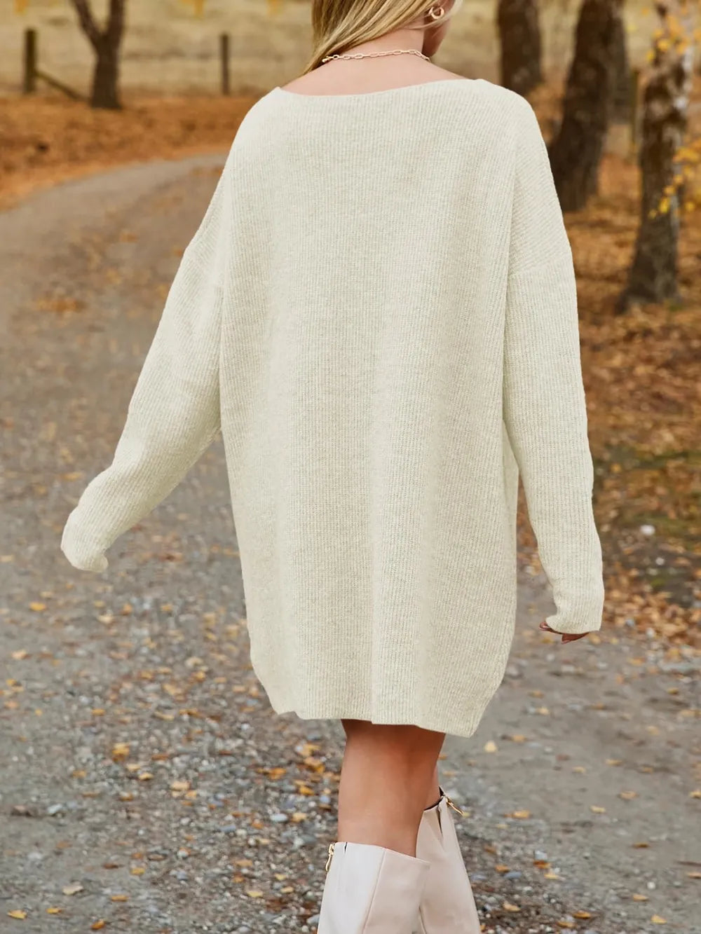 V-Neck Dropped Shoulder Sweater Dress, view 3