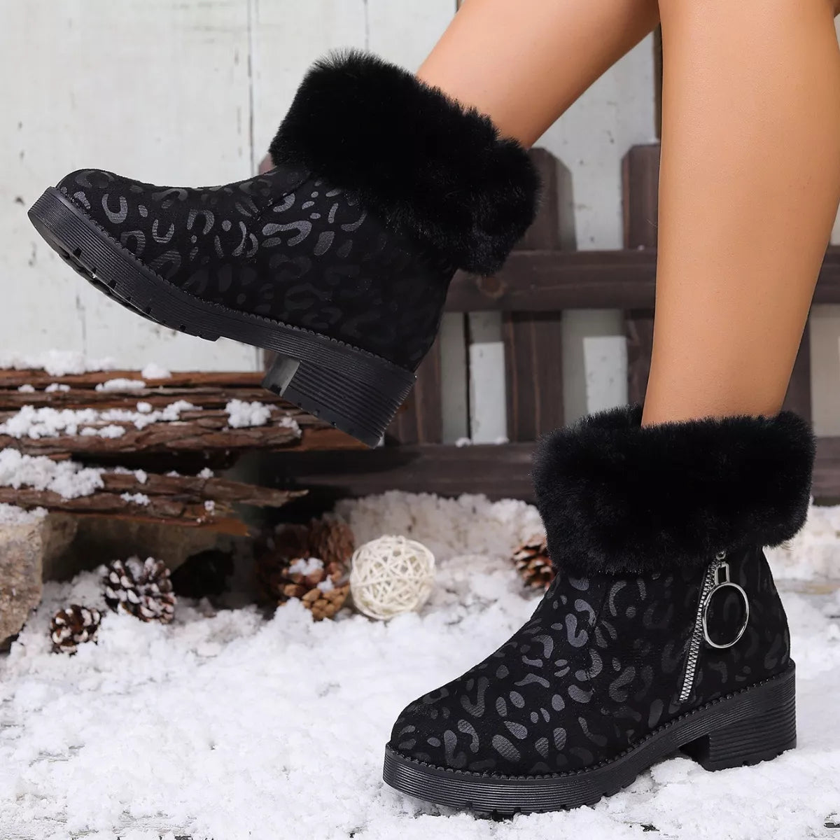 Fuzzy Cuff Leopard Print Ankle Boots - Lilixa.store