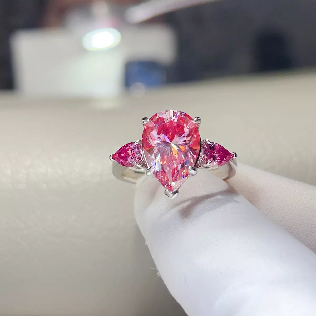 6 Carat Moissanite 925 Sterling Silver Teardrop Ring in Pink, view 4