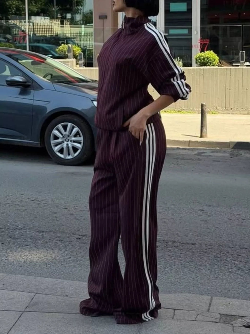 Side Stripe Zip Up Jacket and Pants Set - Lilixa.store