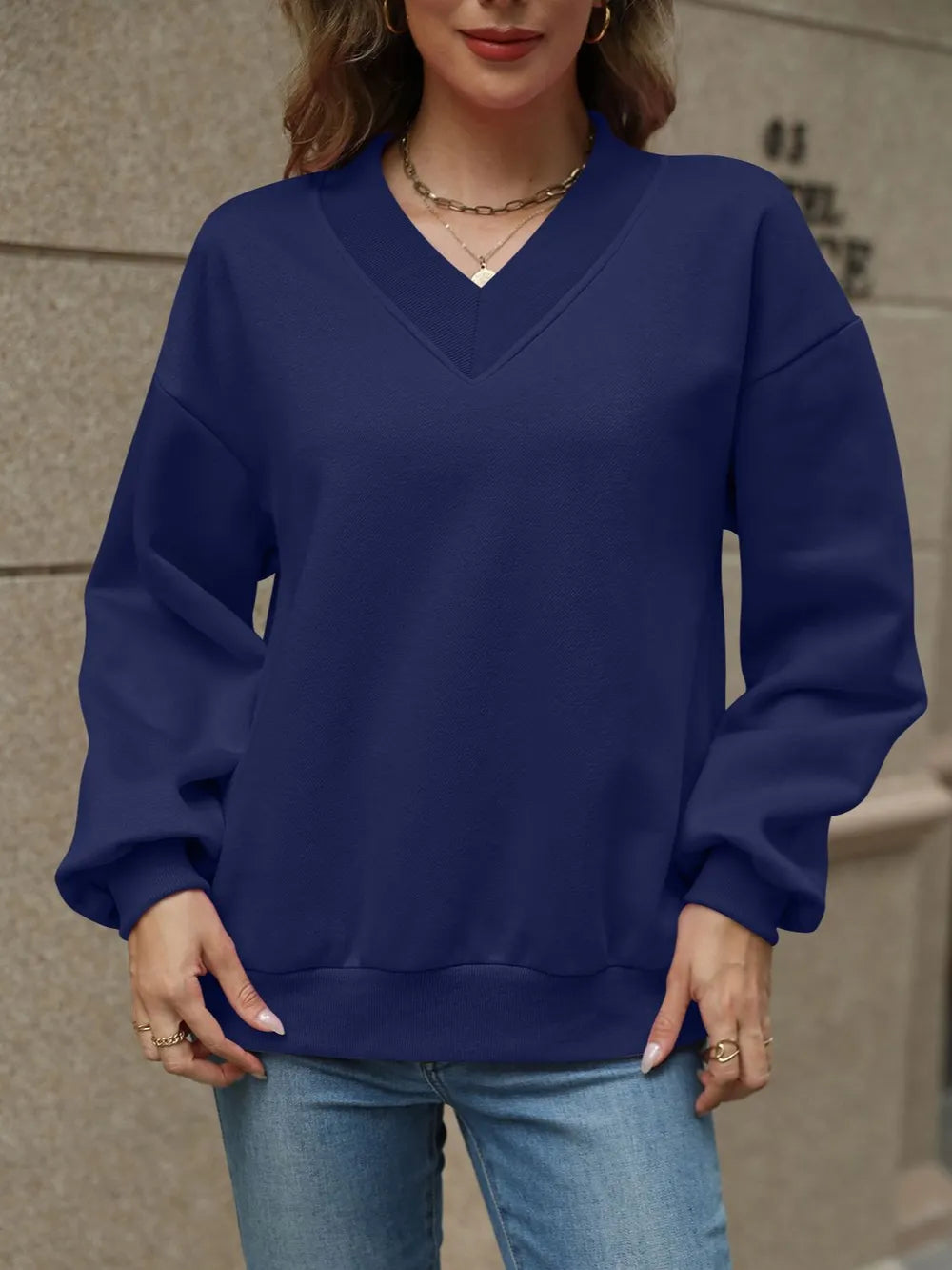 V-Neck Long Sleeve Dropped Shoulder Sweatshirt - Lilixa.store