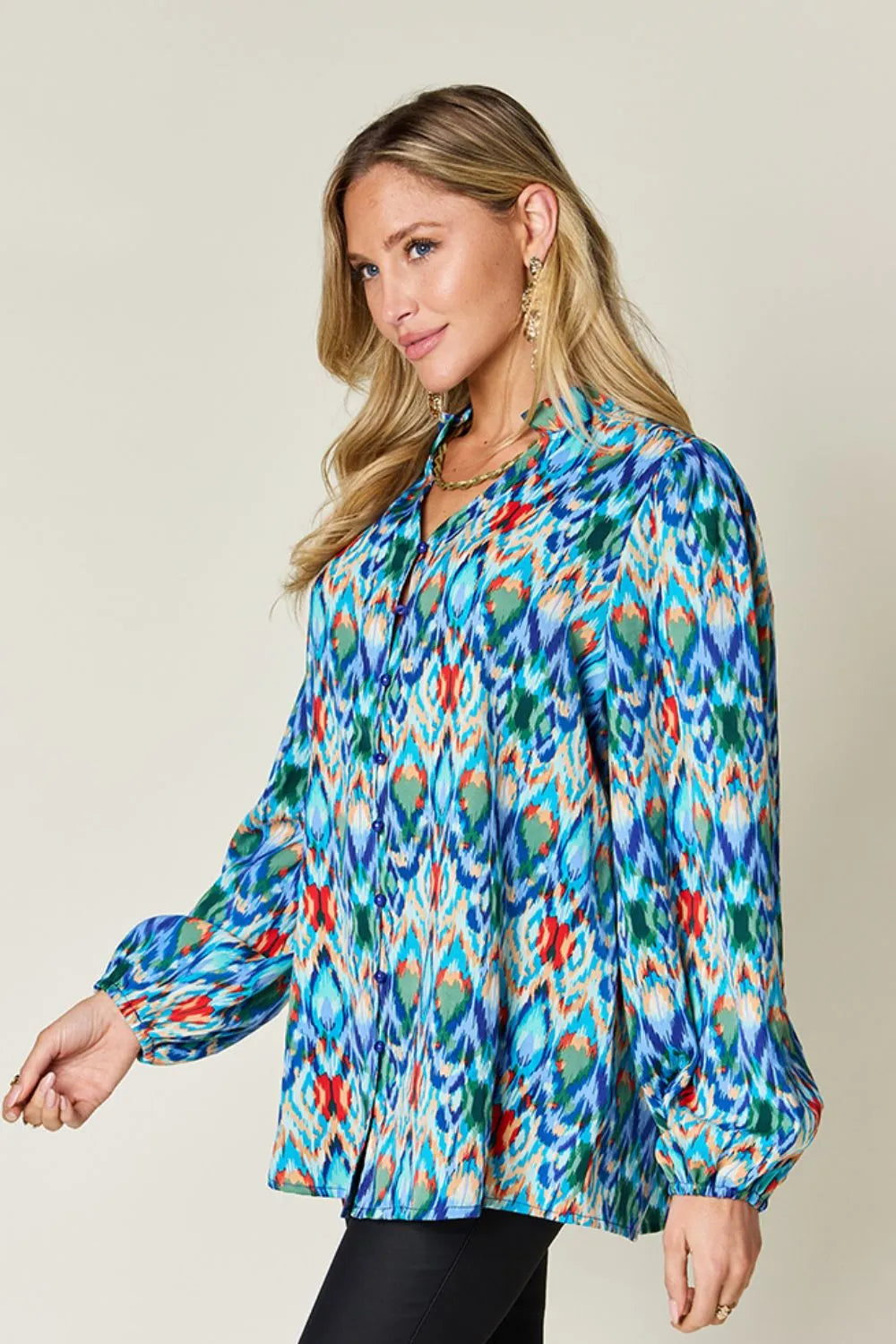 Double Take Full Size Printed Balloon Sleeve Blouse - Lilixa.store