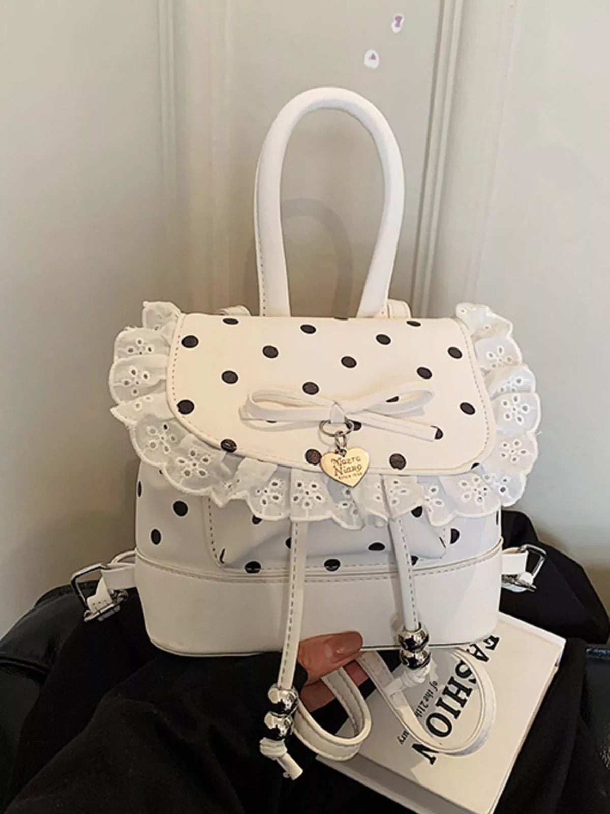 Polka Dot Lace Trim Backpack Bag - Lilixa.store