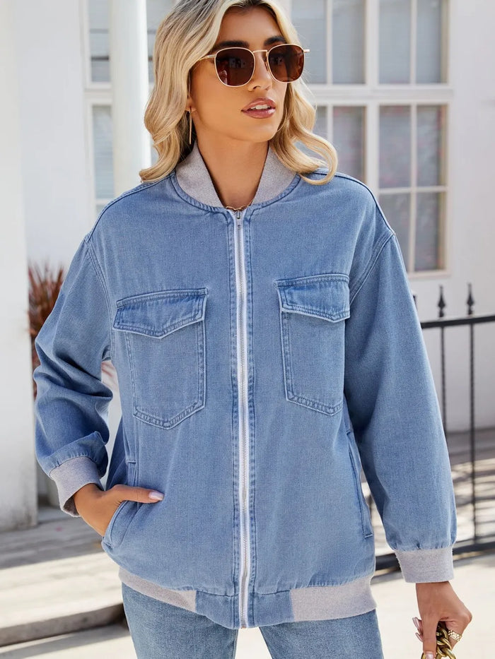 Pocketed Zip Up Baseball Collar Denim Jacket - Lilixa.store