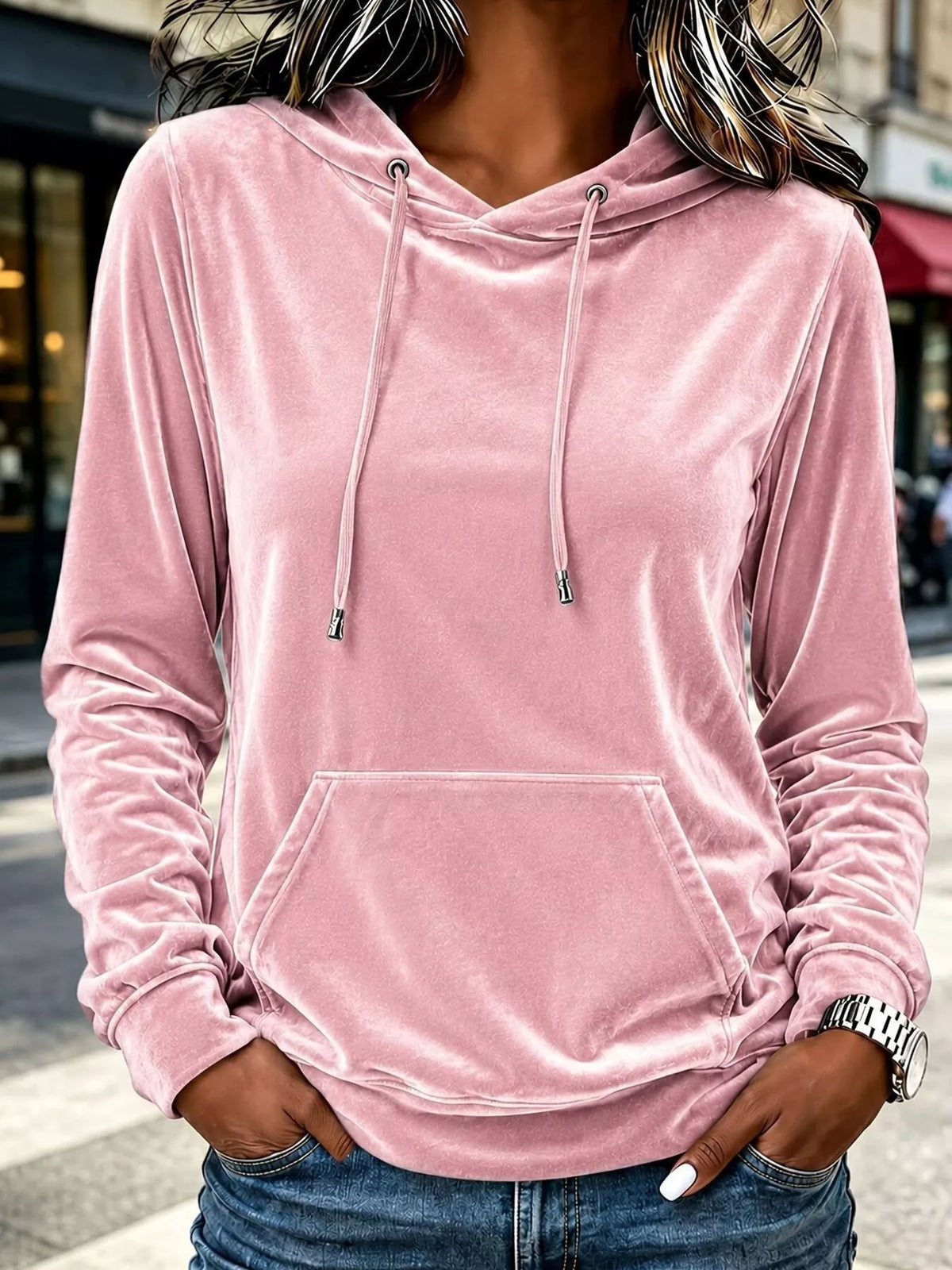 Full Size Velvet Kangaroo Pocket Hoodie Plus Size
