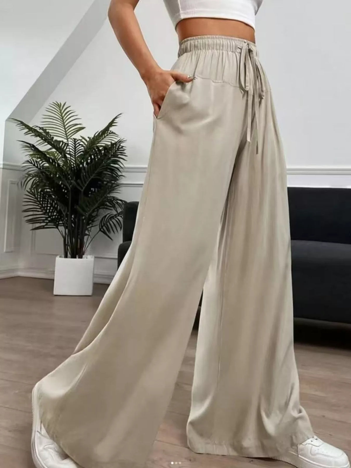 Wide-Leg Drawstring Casual Pants in Apricot, view 2