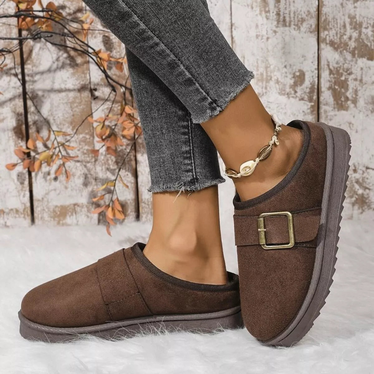 Buckle Decor Plush Lined Warm Slippers - Lilixa.store