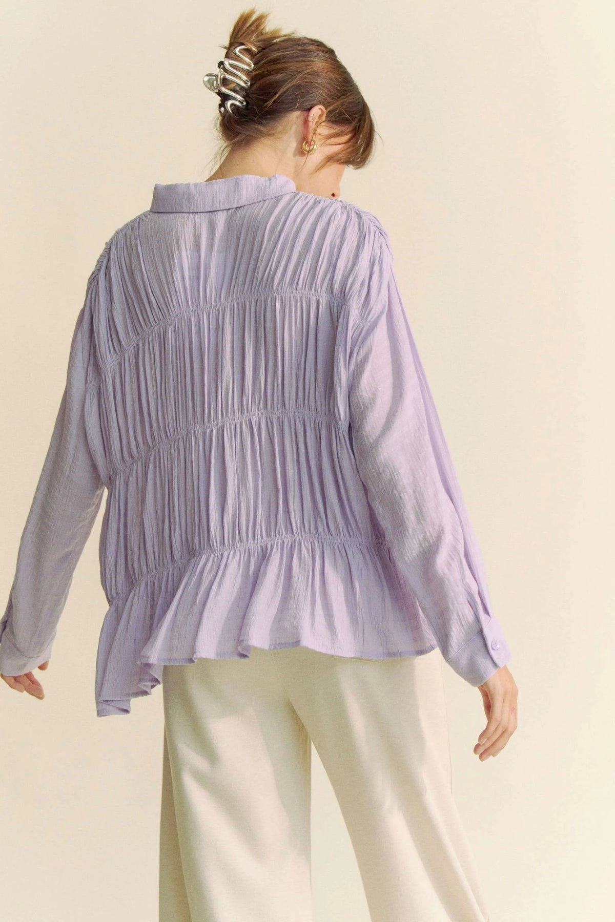 Davi & Dani Ruched All Over Button Front Shirt - Lilixa.store