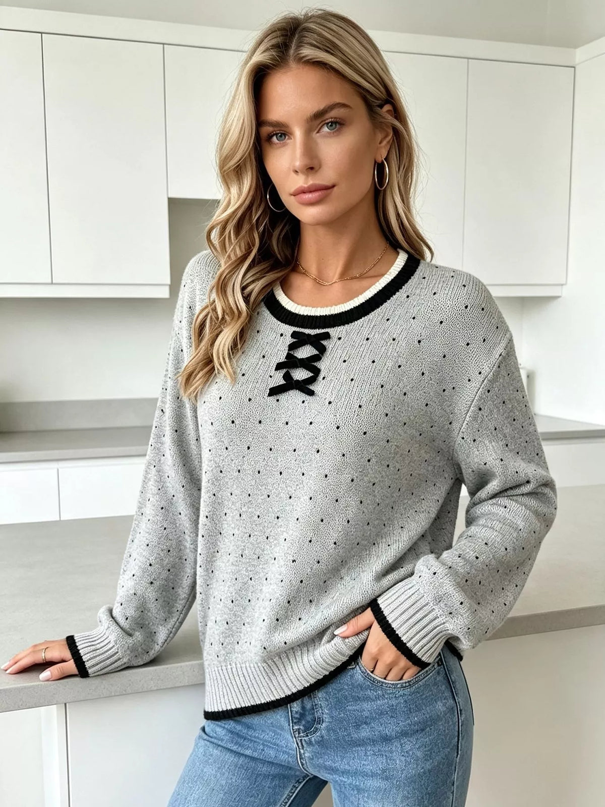 Polka Dot Lace-Up Detail Sweater, view 7