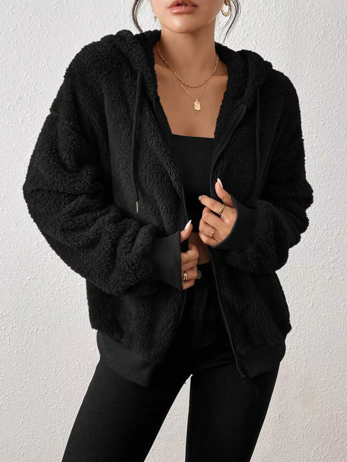 Zip-Up Plush Hooded Outerwear in Black, view 3
