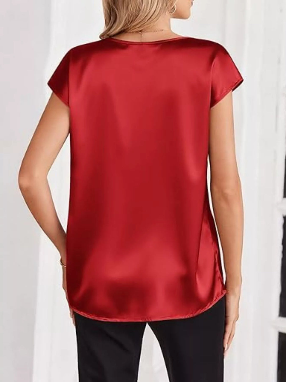 Satin V-Neck Short Sleeve Blouse - Lilixa.store