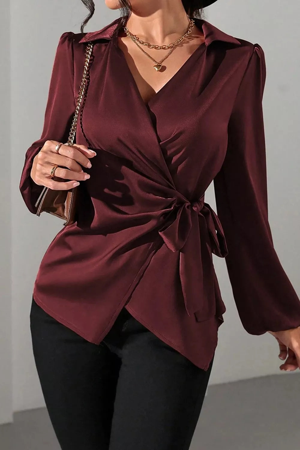 Satin Tied Detail Long Sleeve Blouse in Burgundy