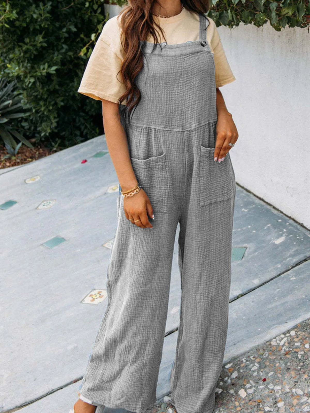 Full Size Casual Wide Leg Textured Overalls Plus Size - Lilixa.store