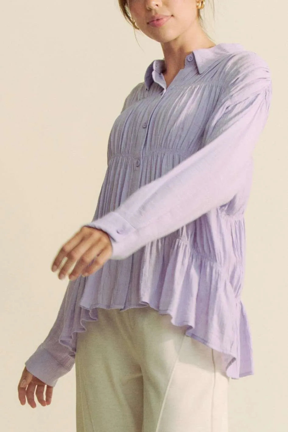 Davi & Dani Ruched All Over Button Front Shirt - Lilixa.store