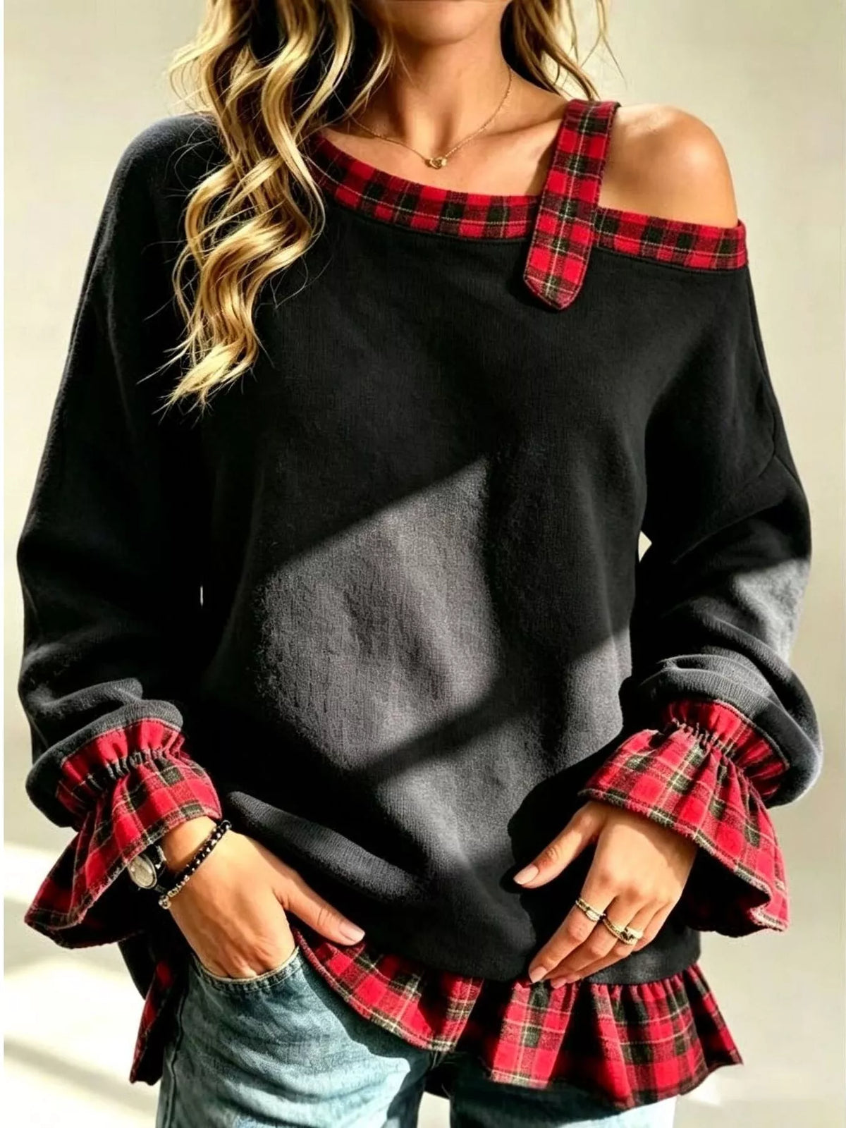 Full Size Cold-Shoulder Plaid Patchwork Long Sleeve Top Plus Size - Lilixa.store