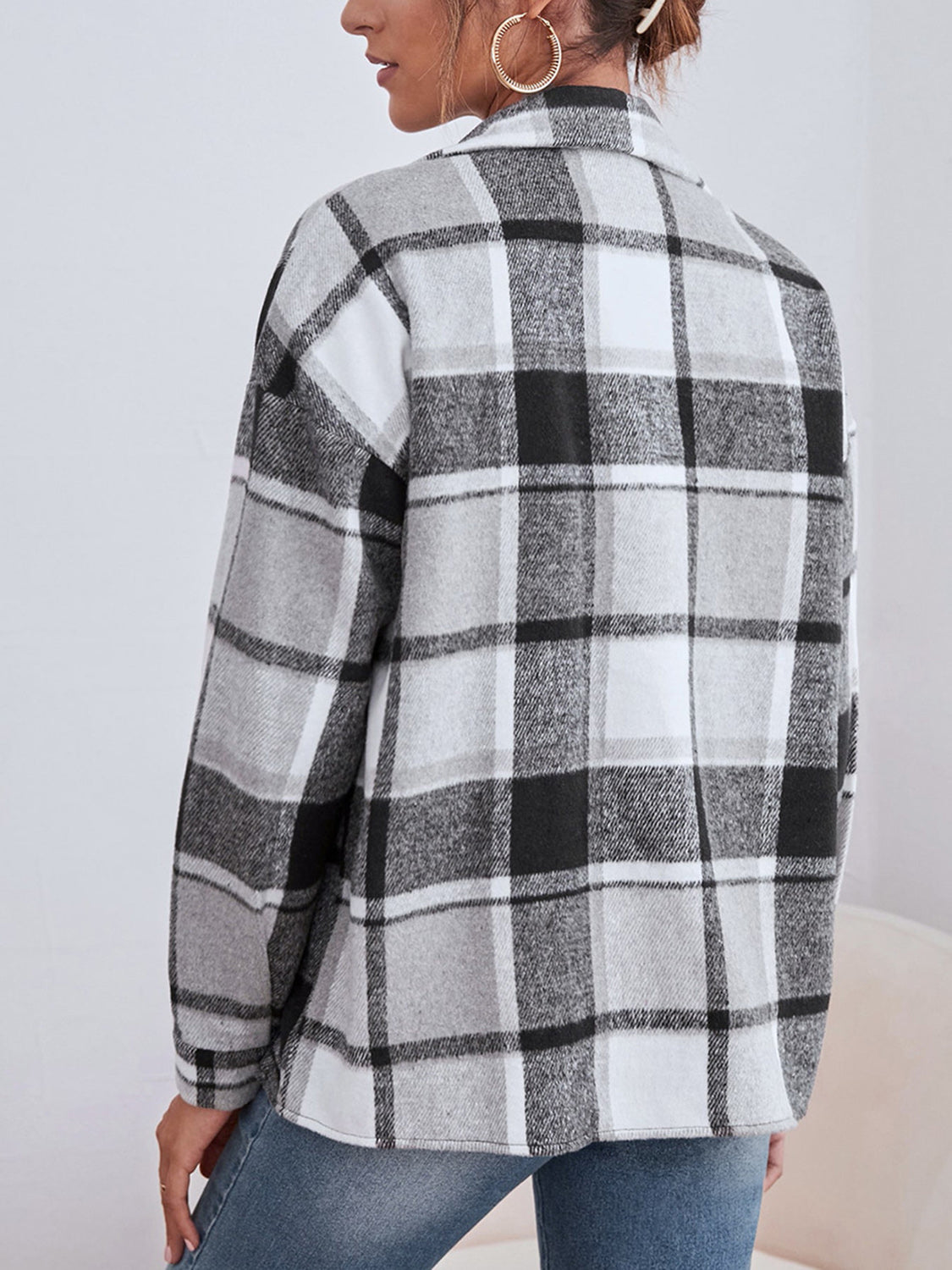 Plaid Collared Neck Button Down Jacket, view 8