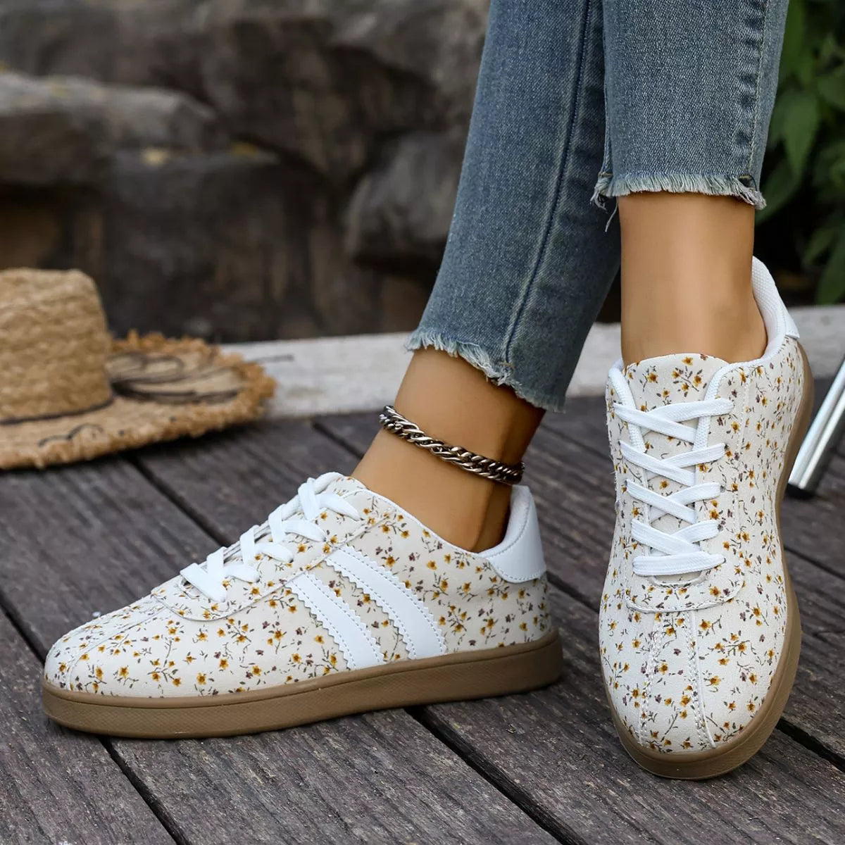 Floral Print Sneakers with Side Stripes - Lilixa.store