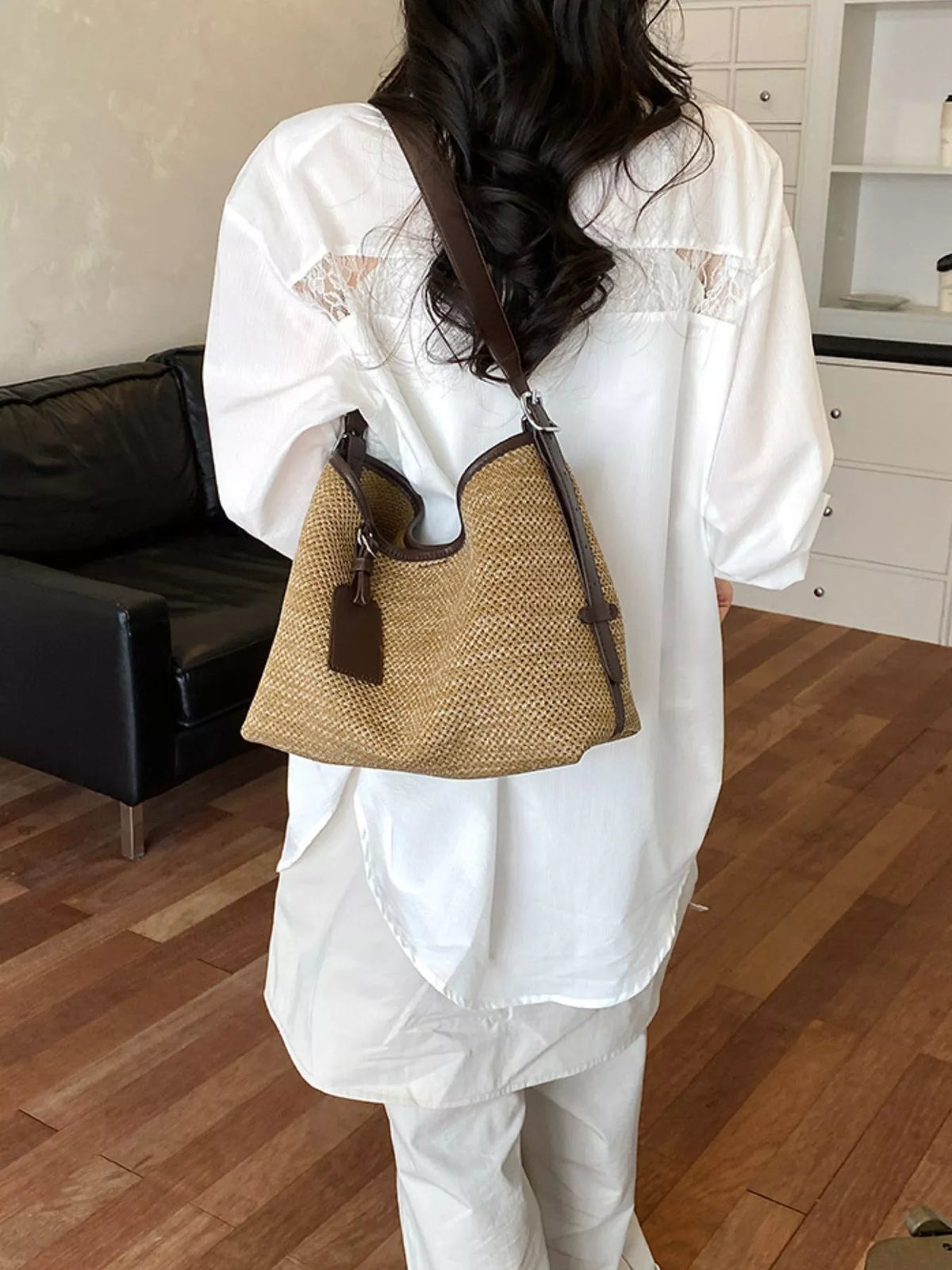 Leather Trim Woven Shoulder Bag - Lilixa.store