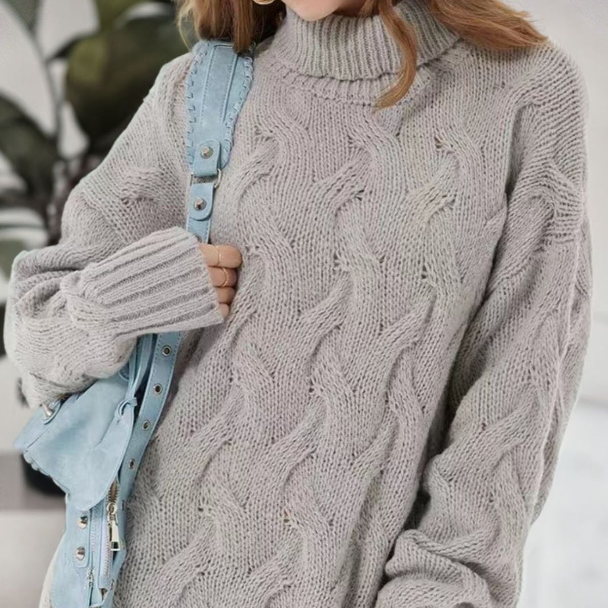 Cable-Knit Turtleneck Sweater Dress, view 3