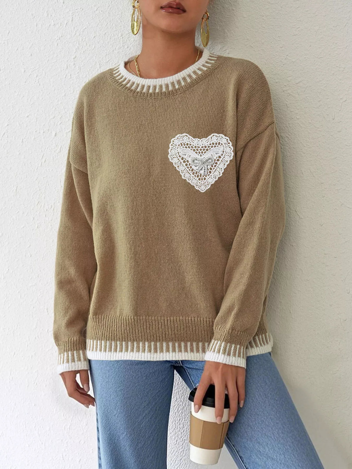 Lace Heart Contrast Trim Sweater - Lilixa.store