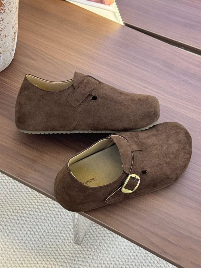 Suede Buckle Slip-Ons in Brown