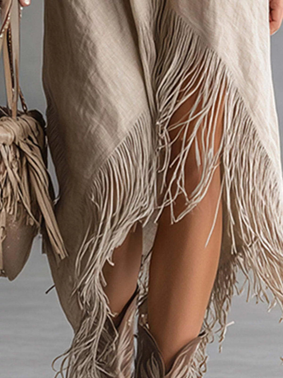 Zipper-Front Fringe Hem Midi Dress