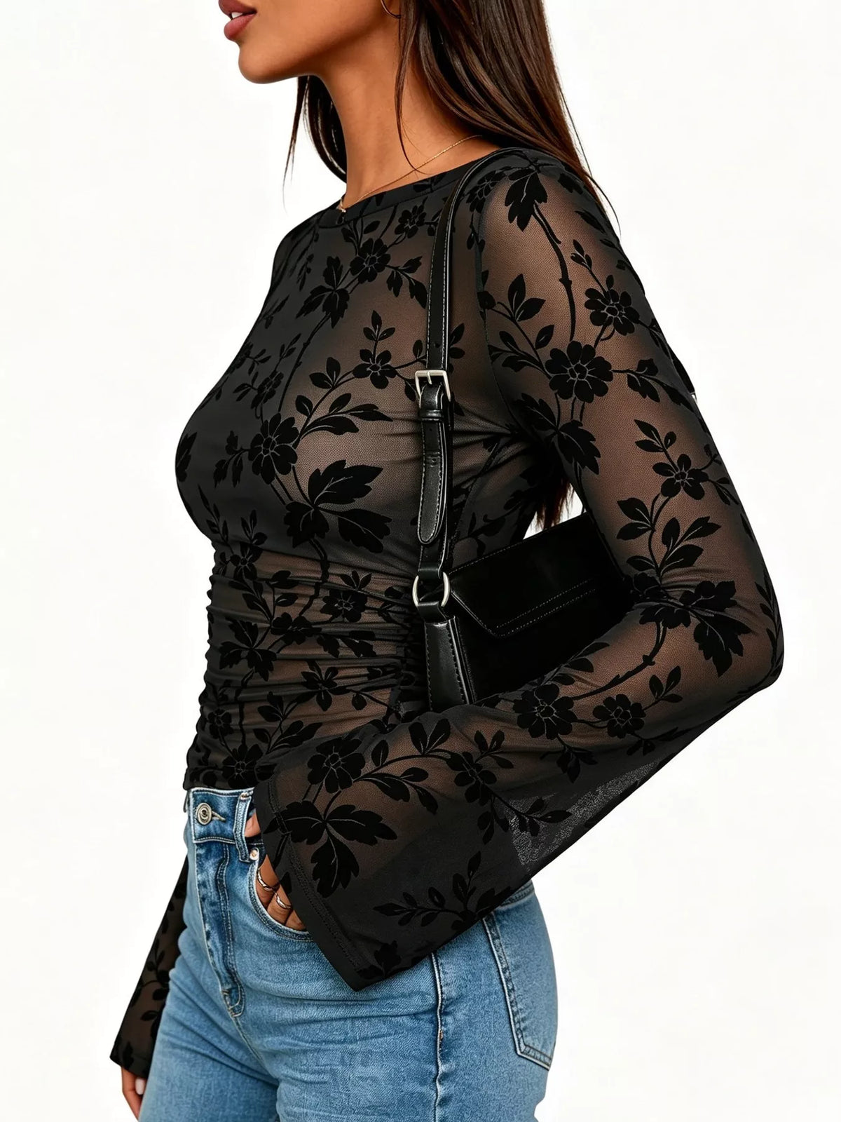 Slim Fit Floral Print Long Sleeve Top, view 3