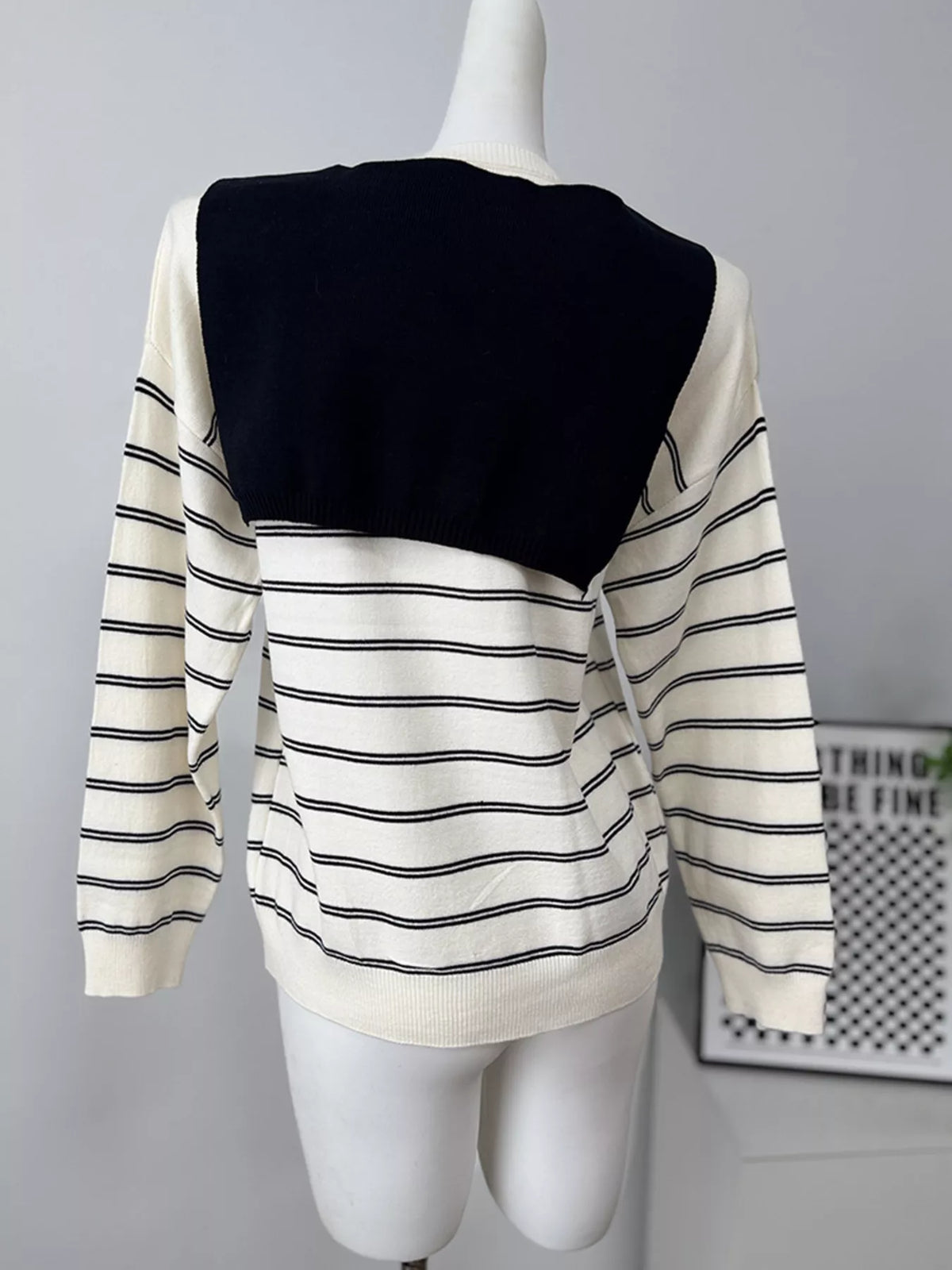 Classic Striped Crewneck Knit Top with Layered Sweater Detail, view 4