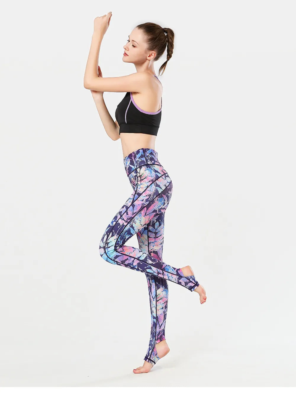 Printed Wide Waistband Active Leggings with Stirrups - Lilixa.store