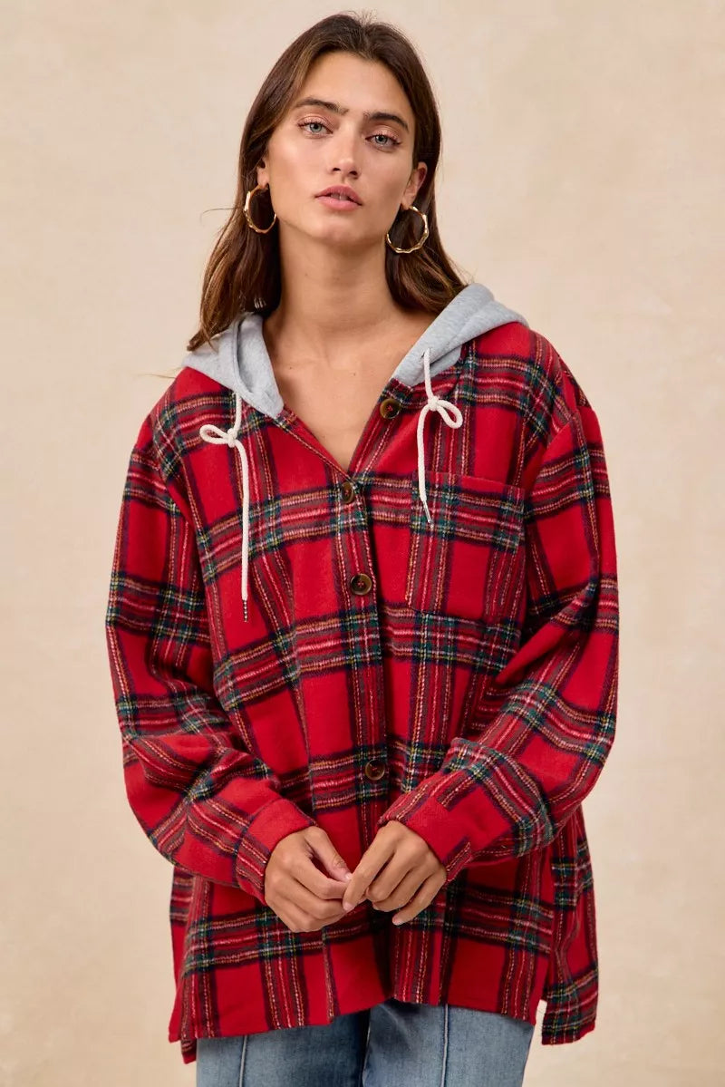 BiBi Brushed Plaid Hooded Jacket in Red Plaid