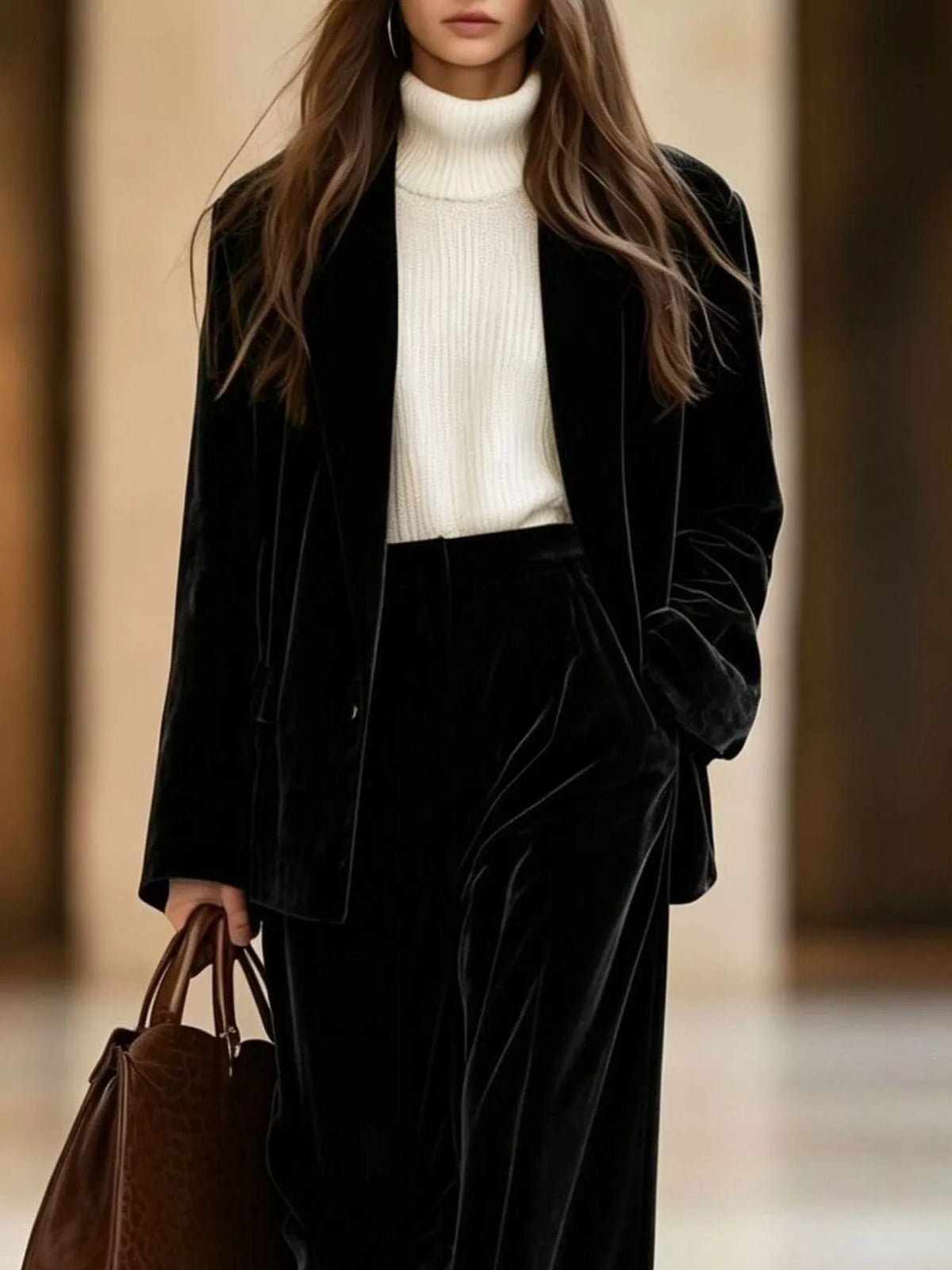 Velvet Blazer and Wide-Leg Pants Two-Piece Set - Lilixa.store
