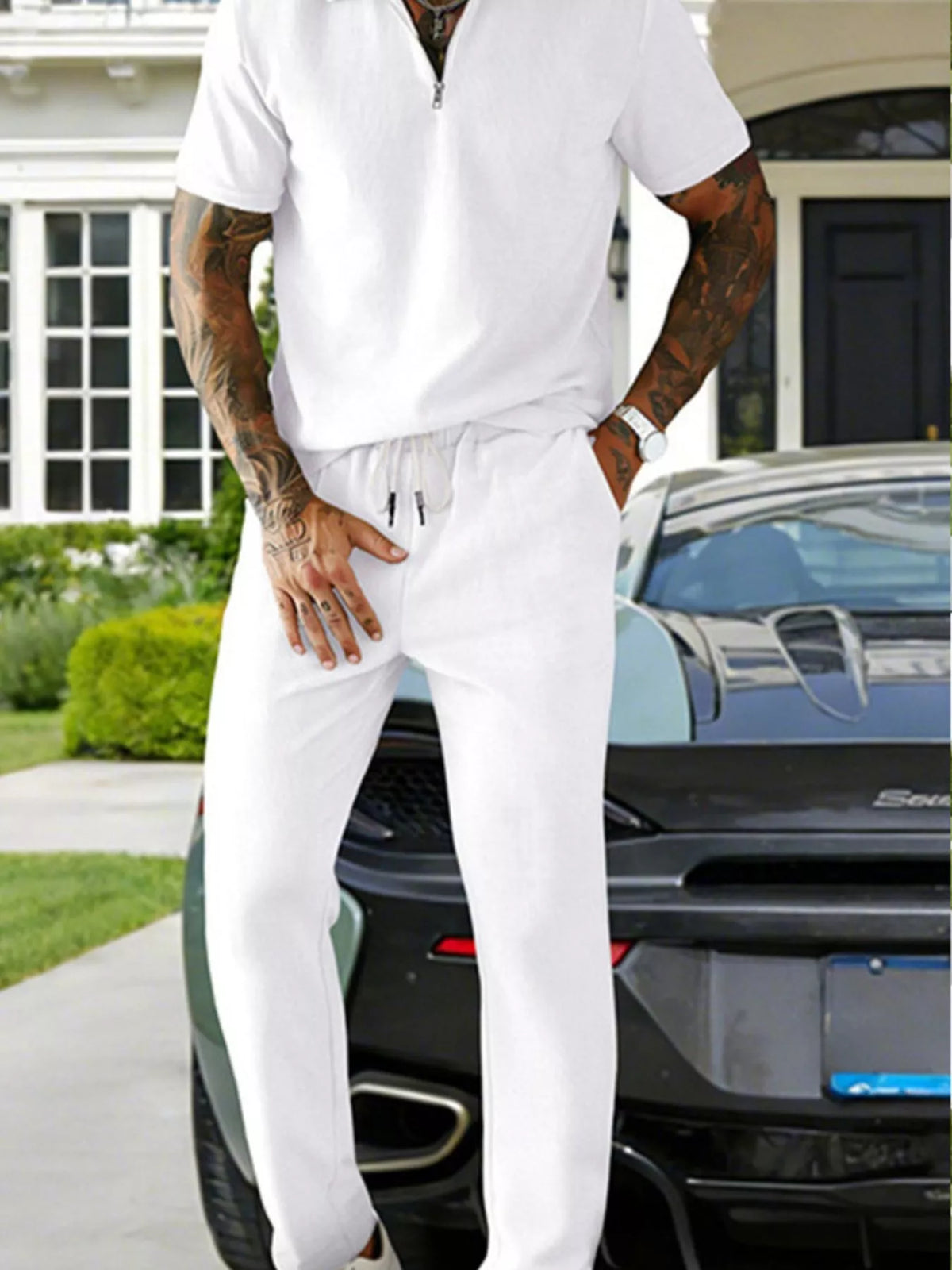 Men's Full Size Casual Zipper Polo Shirt and Drawstring Pants Set Plus Size - Lilixa.store