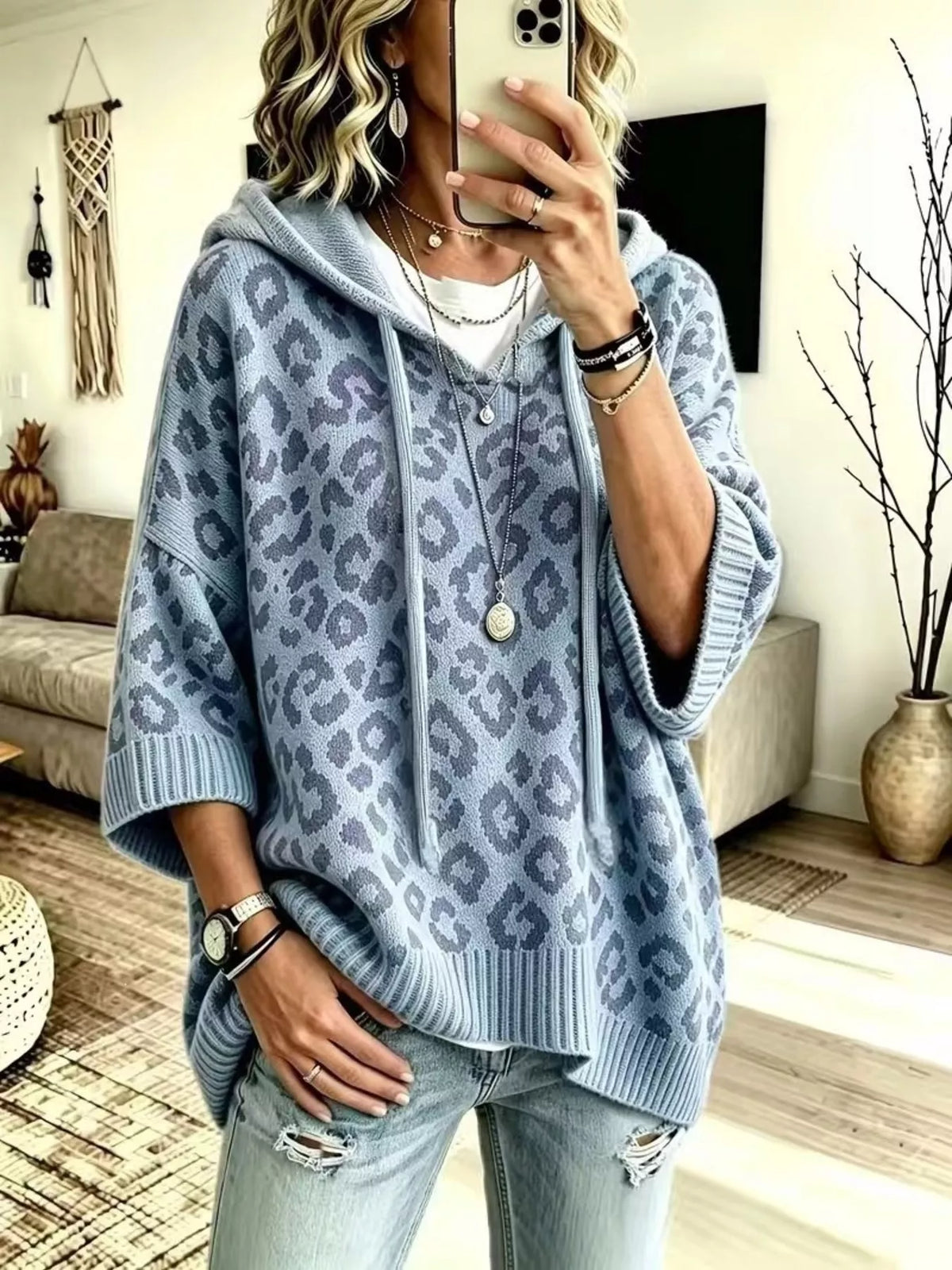 Leopard Print Hooded Knit Sweater in Dusty Blue