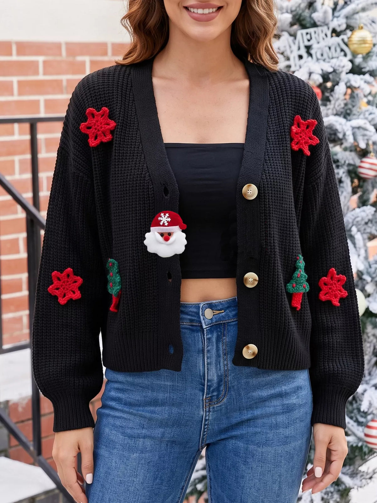 Festive Christmas Applique V-Neck Knit Cardigan, view 8
