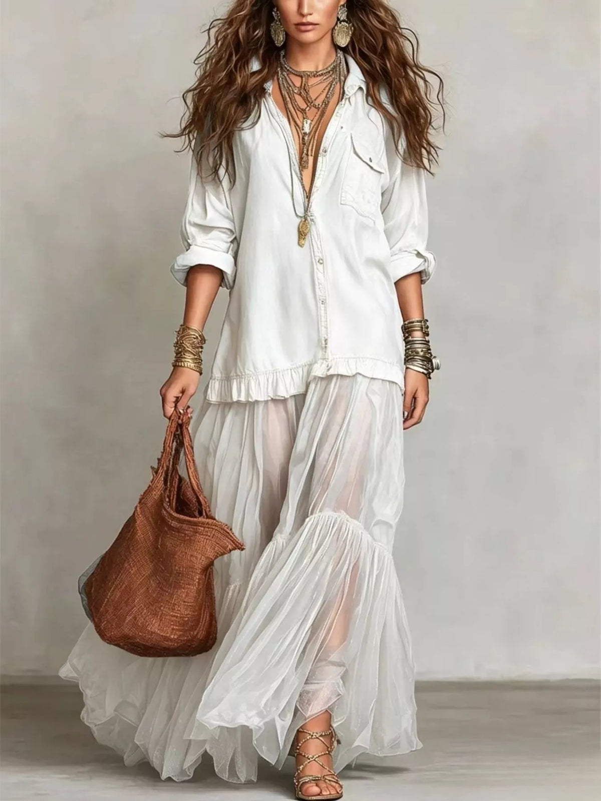 Full Size Tiered Long Sleeve Denim Shirt Maxi Dress Plus Size - Lilixa.store